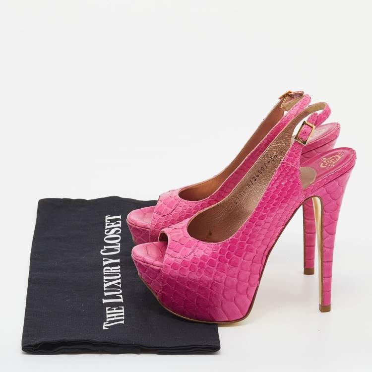 Pre Owned Gina Pink Python Leather Peep Toe Platform Slingback Sandals Size 36.5