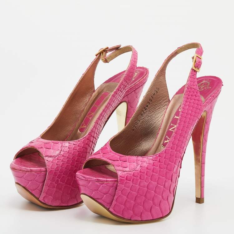Pre Owned Gina Pink Python Leather Peep Toe Platform Slingback Sandals Size 36.5