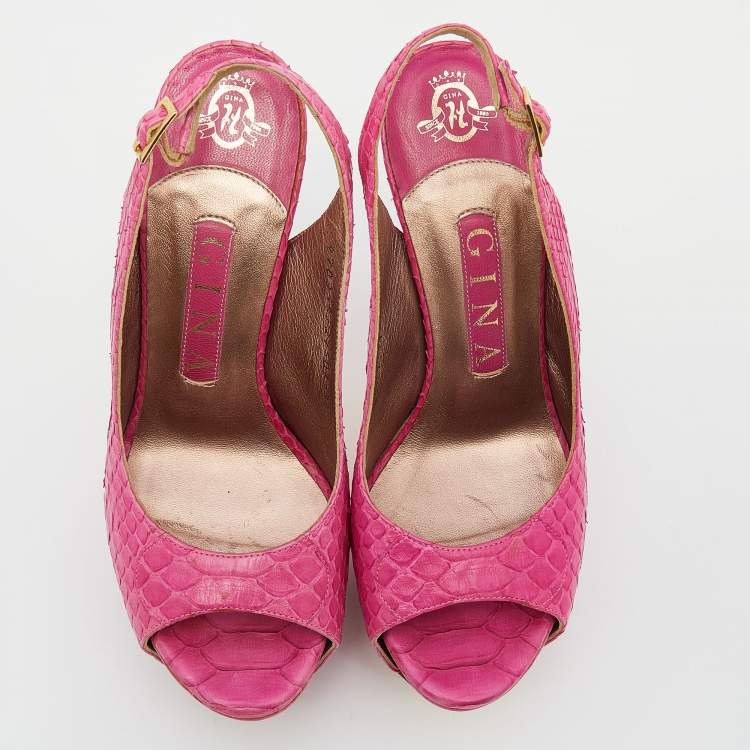 Pre Owned Gina Pink Python Leather Peep Toe Platform Slingback Sandals Size 36.5