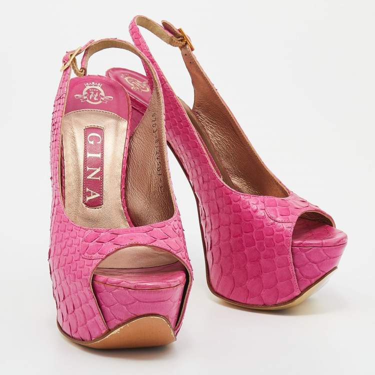 Pre Owned Gina Pink Python Leather Peep Toe Platform Slingback Sandals Size 36.5