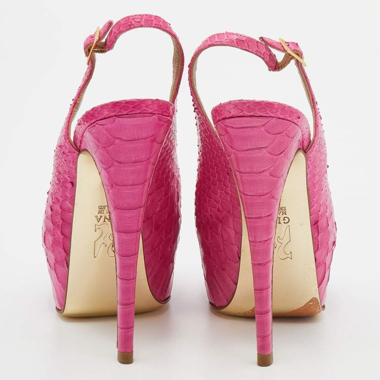 Pre Owned Gina Pink Python Leather Peep Toe Platform Slingback Sandals Size 36.5