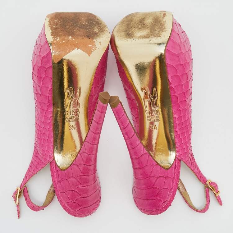 Pre Owned Gina Pink Python Leather Peep Toe Platform Slingback Sandals Size 36.5