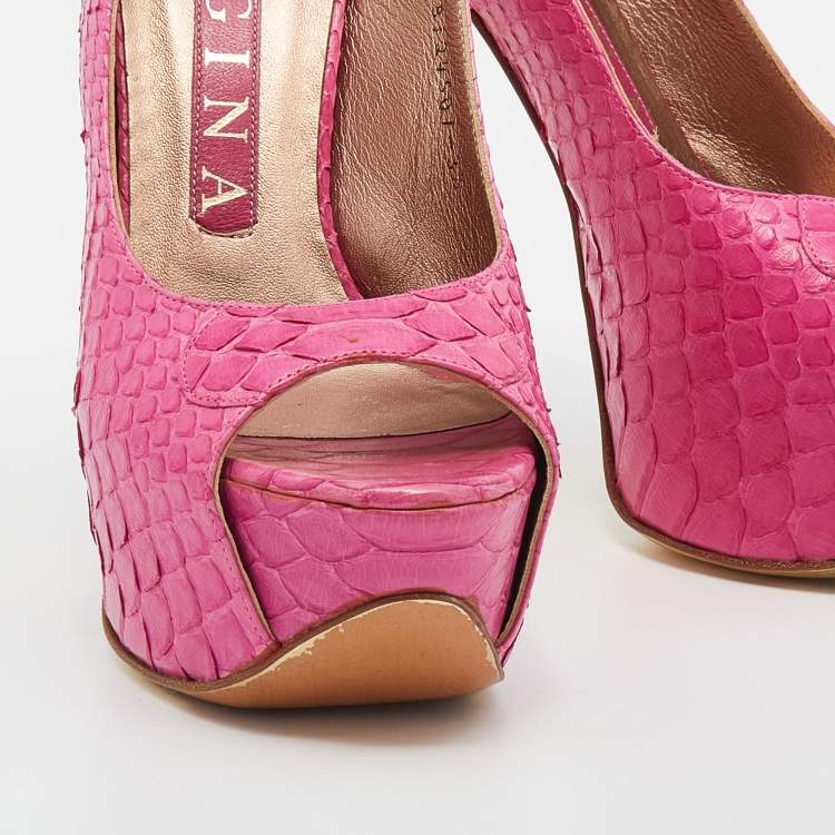 Pre Owned Gina Pink Python Leather Peep Toe Platform Slingback Sandals Size 36.5