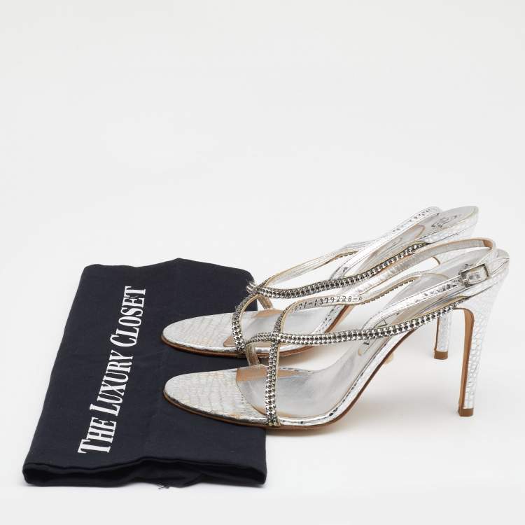 Pre Owned Gina Metallic Silver Embossed Leather Astor Cross Ankle Strap Sandals Size 39