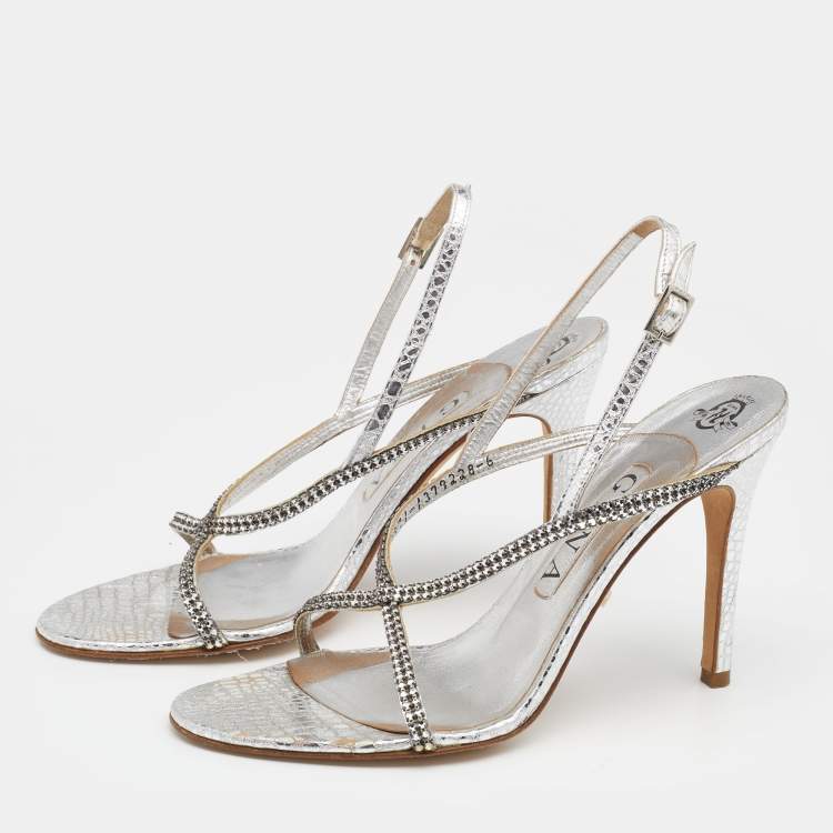 Pre Owned Gina Metallic Silver Embossed Leather Astor Cross Ankle Strap Sandals Size 39