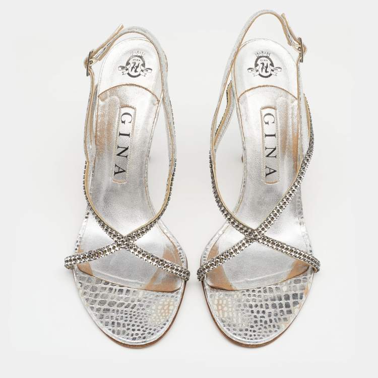 Pre Owned Gina Metallic Silver Embossed Leather Astor Cross Ankle Strap Sandals Size 39