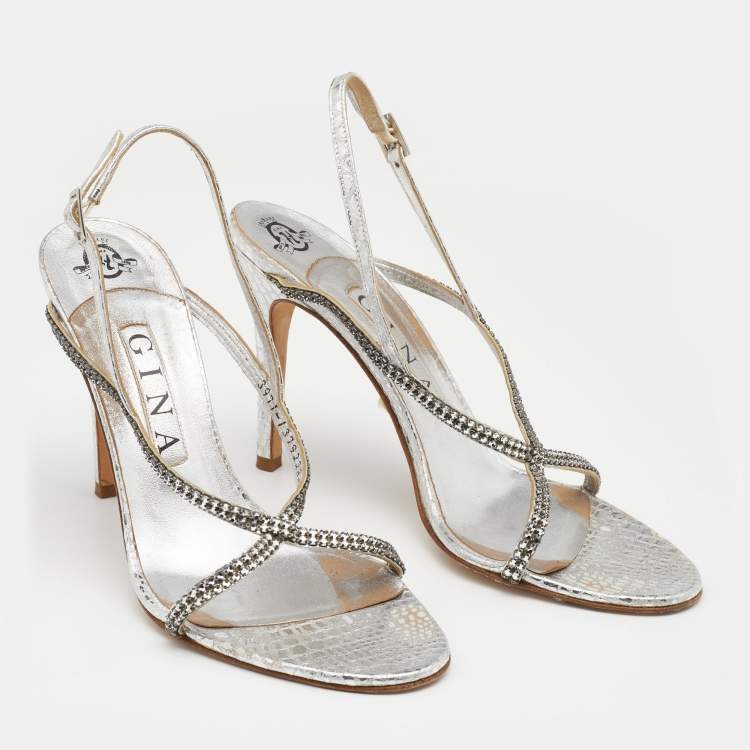 Pre Owned Gina Metallic Silver Embossed Leather Astor Cross Ankle Strap Sandals Size 39