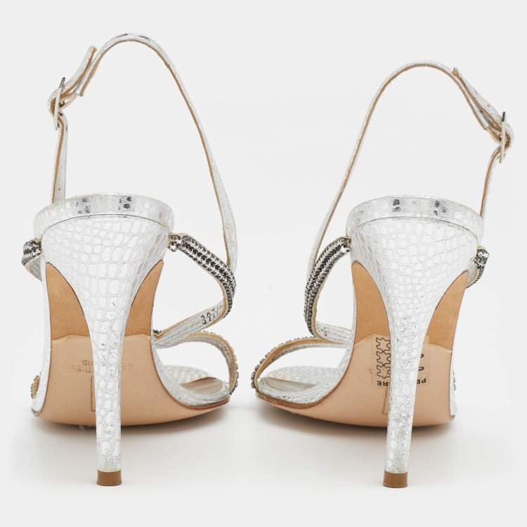 Pre Owned Gina Metallic Silver Embossed Leather Astor Cross Ankle Strap Sandals Size 39