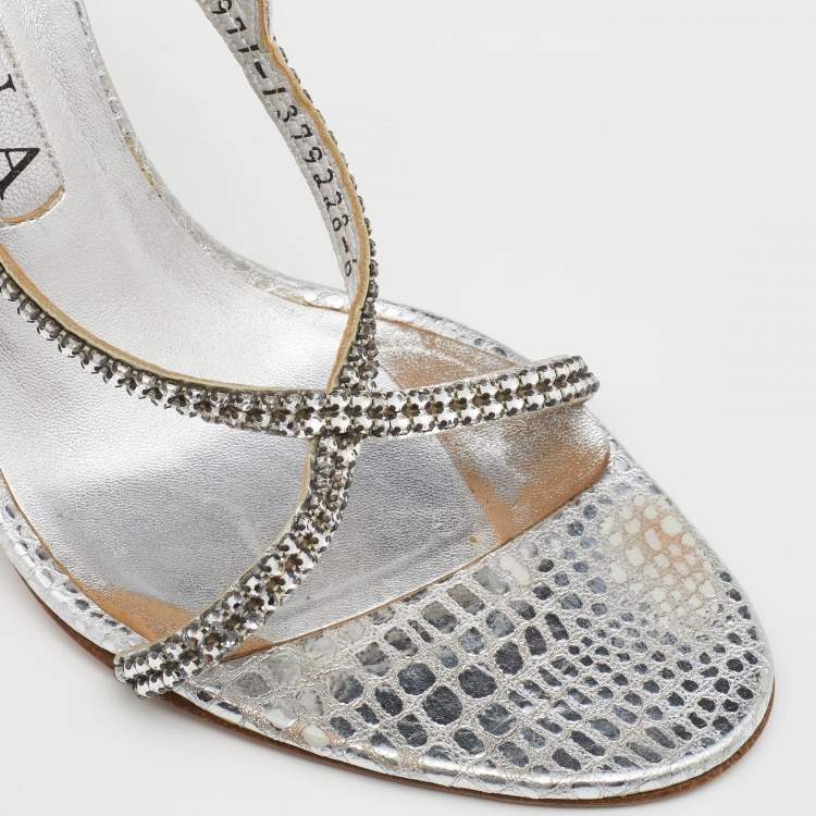 Pre Owned Gina Metallic Silver Embossed Leather Astor Cross Ankle Strap Sandals Size 39