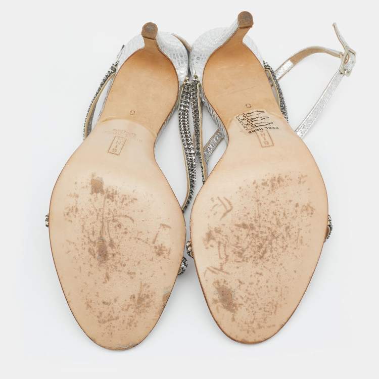 Pre Owned Gina Metallic Silver Embossed Leather Astor Cross Ankle Strap Sandals Size 39