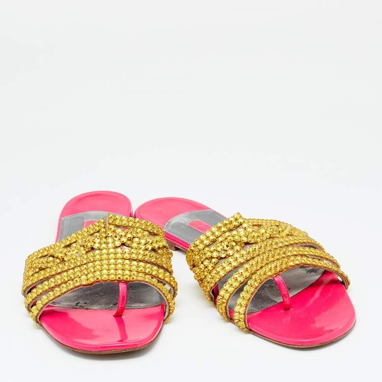 Pre Owned Gina Gold/Pink Crystals Embellished Leather Thong Flat Slides Size 39.5