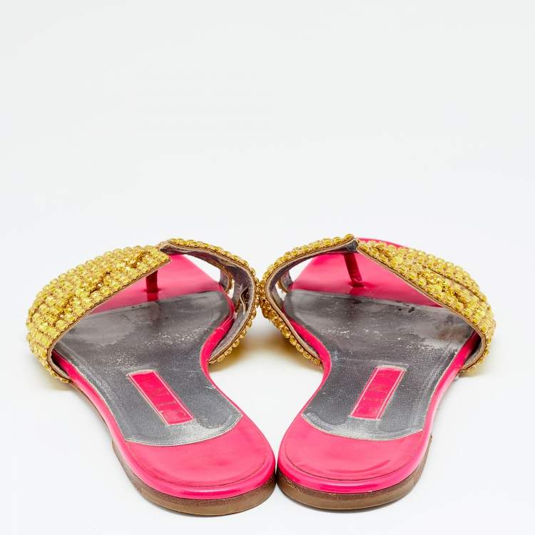 Pre Owned Gina Gold/Pink Crystals Embellished Leather Thong Flat Slides Size 39.5