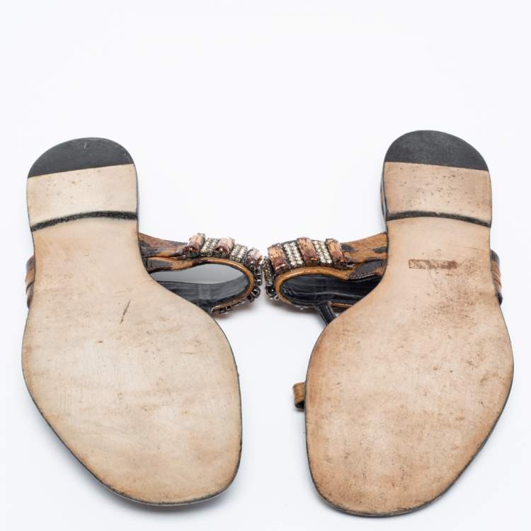 Pre Owned Gina Brown/Black Leopard Print Patent Leather Crystal Embellished  Sandals Size 38