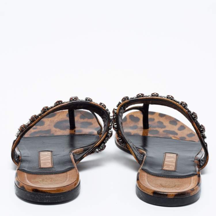 Pre Owned Gina Brown/Black Leopard Print Patent Leather Crystal Embellished  Sandals Size 38