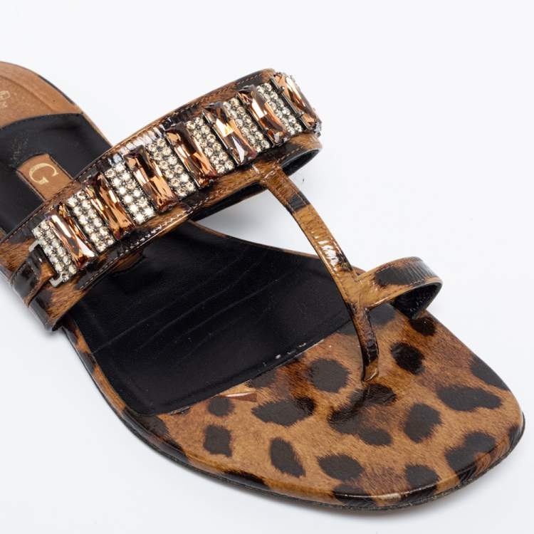 Pre Owned Gina Brown/Black Leopard Print Patent Leather Crystal Embellished  Sandals Size 38