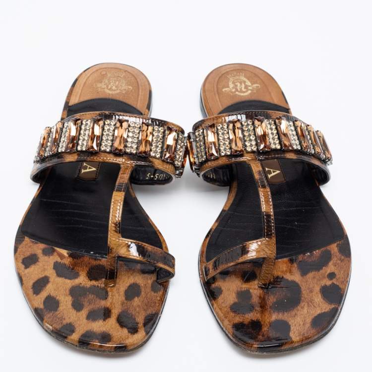 Pre Owned Gina Brown/Black Leopard Print Patent Leather Crystal Embellished  Sandals Size 38