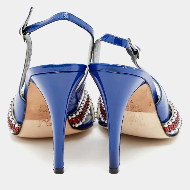 Pre Owned Gina Blue Patent Leather Crystal Embellished Criss Cross Slingback Sandals Size 40 