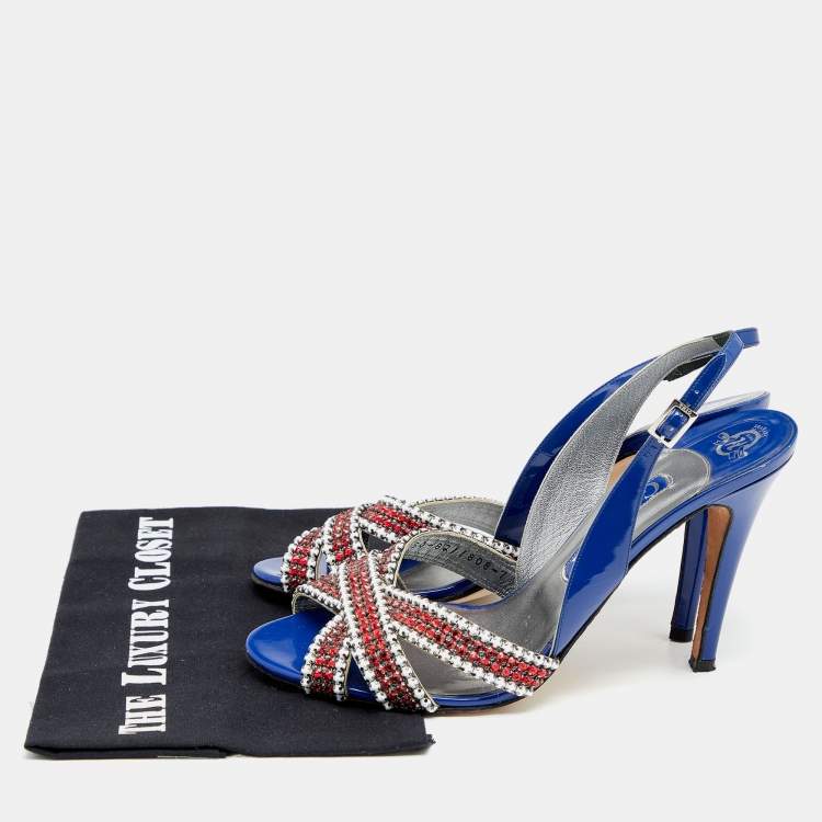 Pre Owned Gina Blue Patent Leather Crystal Embellished Criss Cross Slingback Sandals Size 40 
