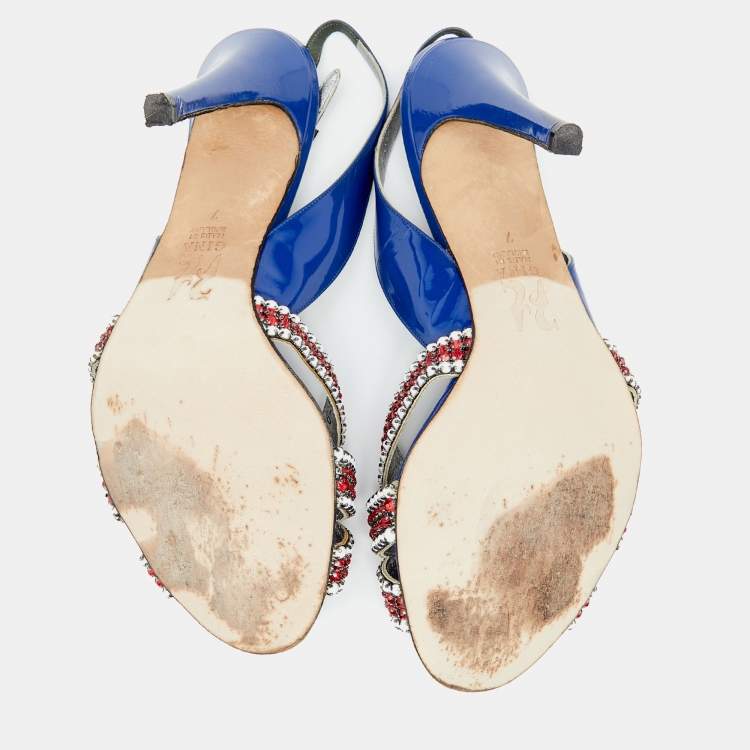 Pre Owned Gina Blue Patent Leather Crystal Embellished Criss Cross Slingback Sandals Size 40 