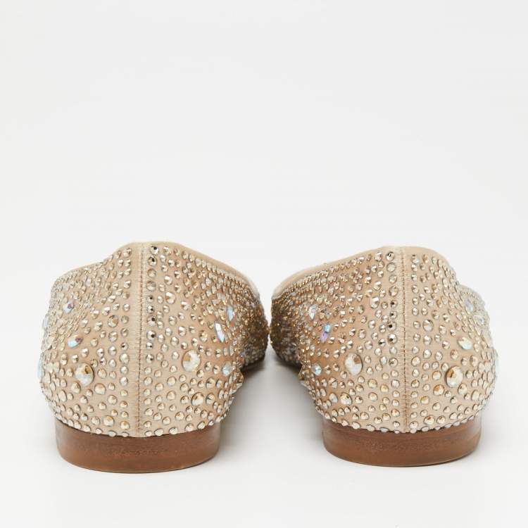 Pre Owned Gina Beige Satin Crystal Embellished  Ballet Flats Size 38