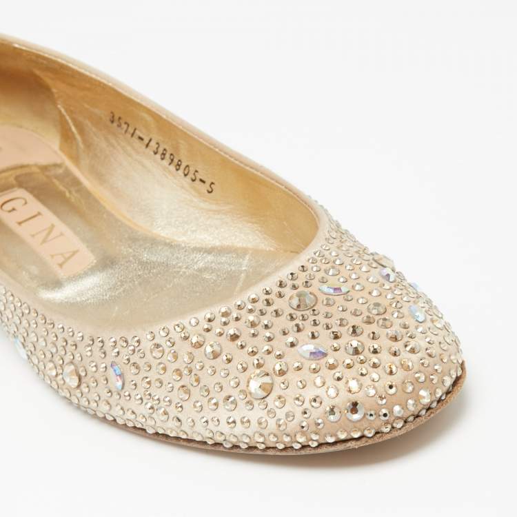 Pre Owned Gina Beige Satin Crystal Embellished  Ballet Flats Size 38