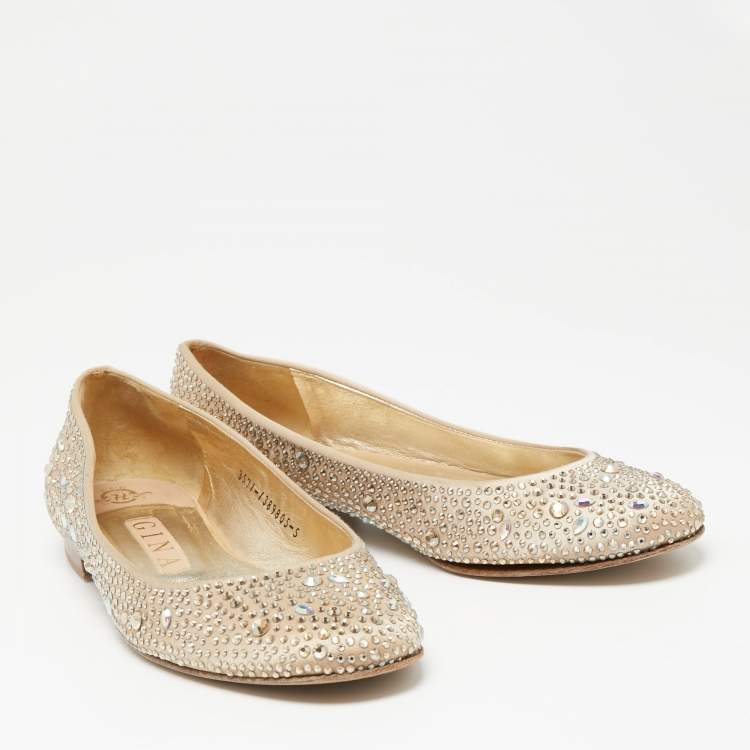 Pre Owned Gina Beige Satin Crystal Embellished  Ballet Flats Size 38