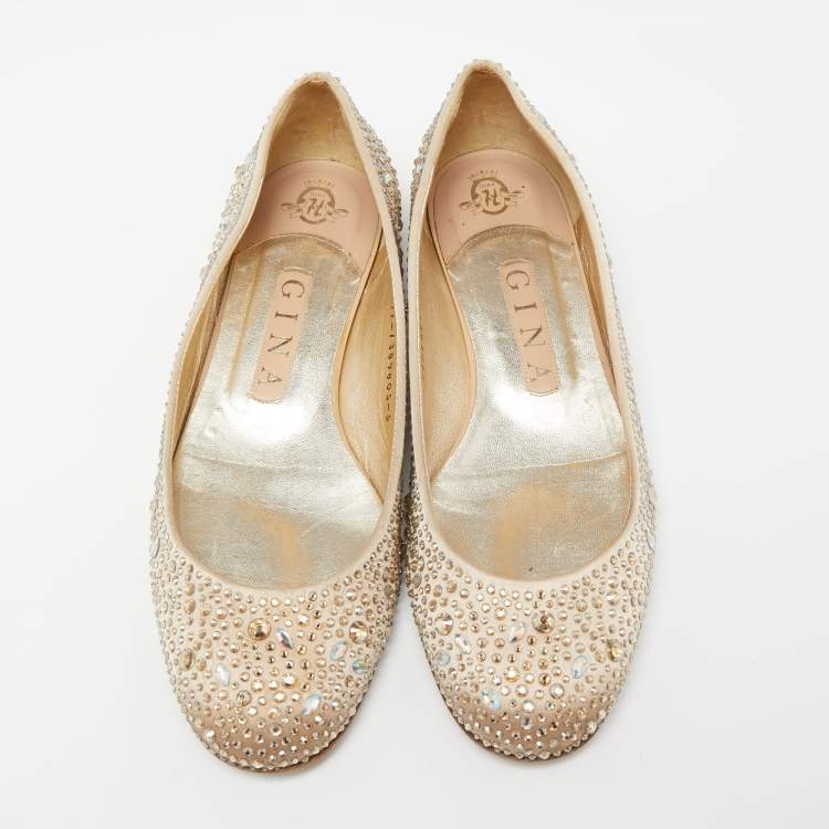 Pre Owned Gina Beige Satin Crystal Embellished  Ballet Flats Size 38