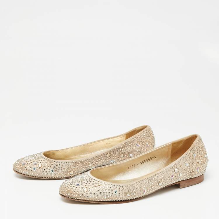 Pre Owned Gina Beige Satin Crystal Embellished  Ballet Flats Size 38