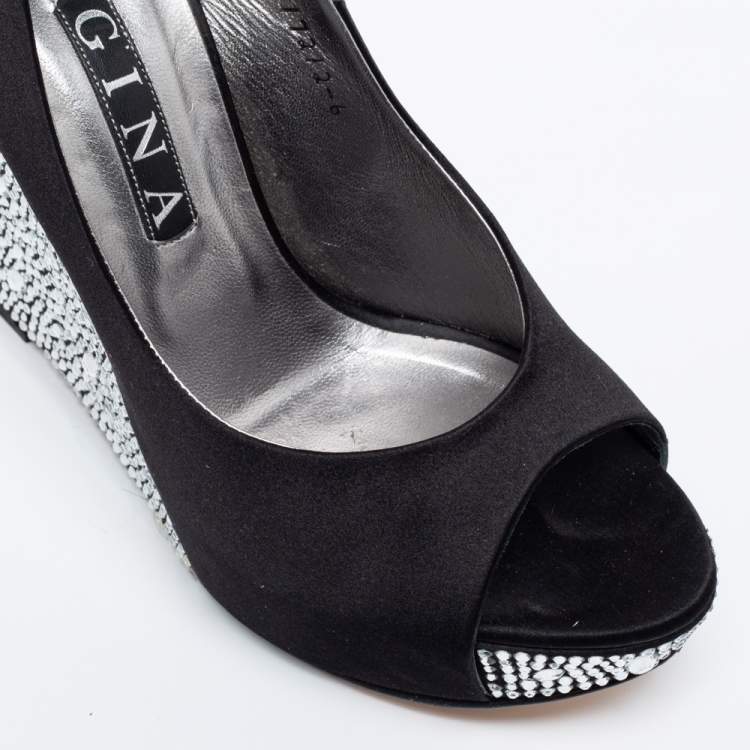 Pre Owned Gina Black Satin Belle Crystal Embellished Wedge Peep-Toe Pumps Size 39 