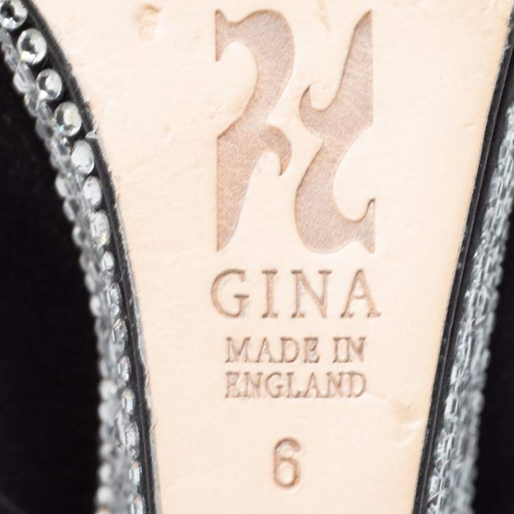 Pre Owned Gina Black Satin Belle Crystal Embellished Wedge Peep-Toe Pumps Size 39 