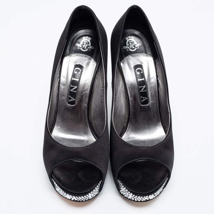 Pre Owned Gina Black Satin Belle Crystal Embellished Wedge Peep-Toe Pumps Size 39 