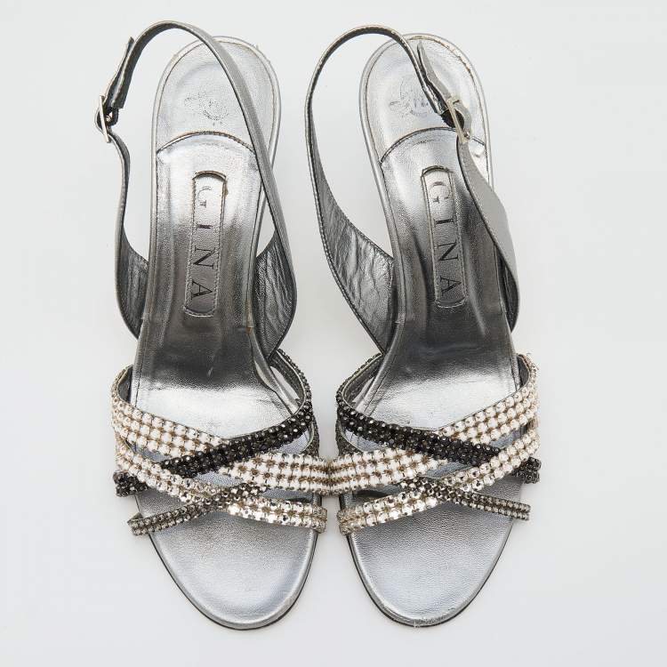 Pre Owned Gina Silver Leather Crystal Embellished Slingback Sandals Size 38.5