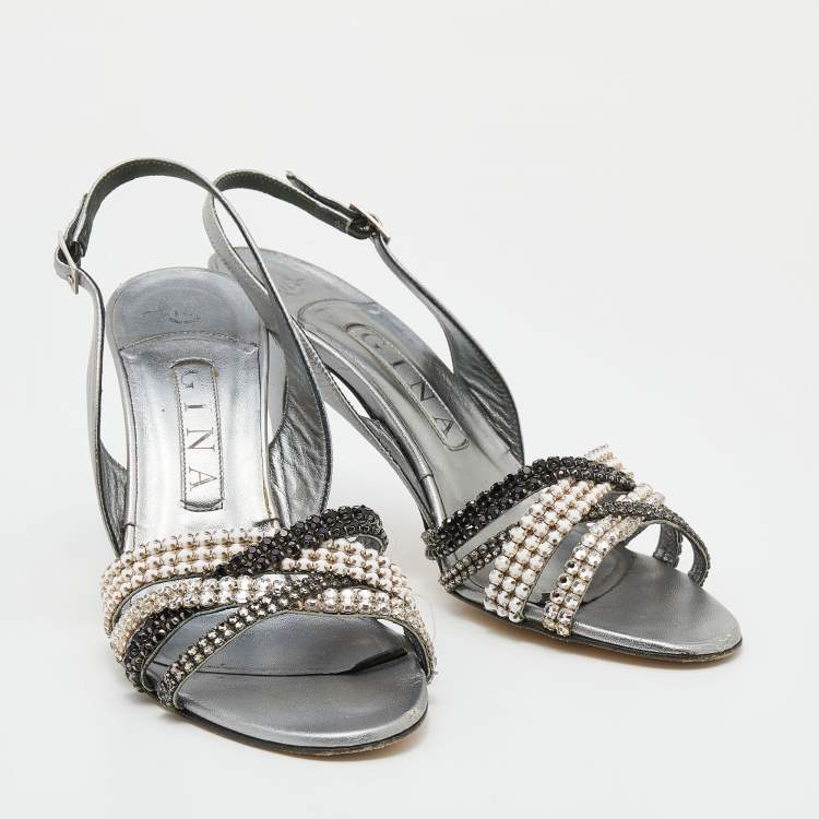 Pre Owned Gina Silver Leather Crystal Embellished Slingback Sandals Size 38.5