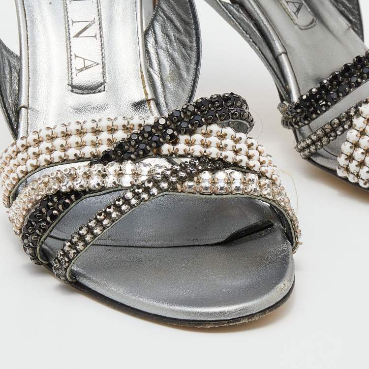 Pre Owned Gina Silver Leather Crystal Embellished Slingback Sandals Size 38.5