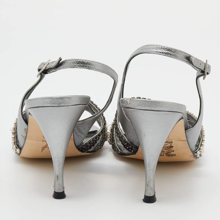 Pre Owned Gina Silver Leather Crystal Embellished Slingback Sandals Size 38.5