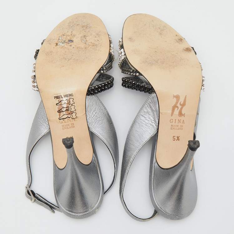 Pre Owned Gina Silver Leather Crystal Embellished Slingback Sandals Size 38.5