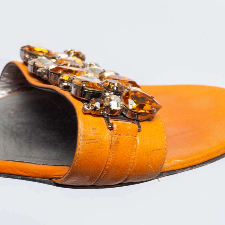 Pre Owned Gina Orange Leather Crystal Embellished Flat Sandals Size 40