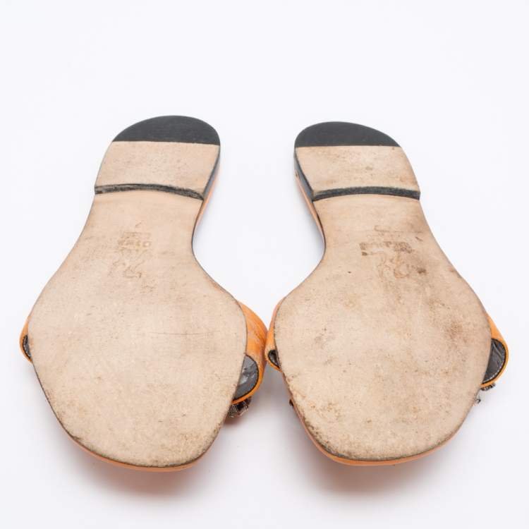Pre Owned Gina Orange Leather Crystal Embellished Flat Sandals Size 40
