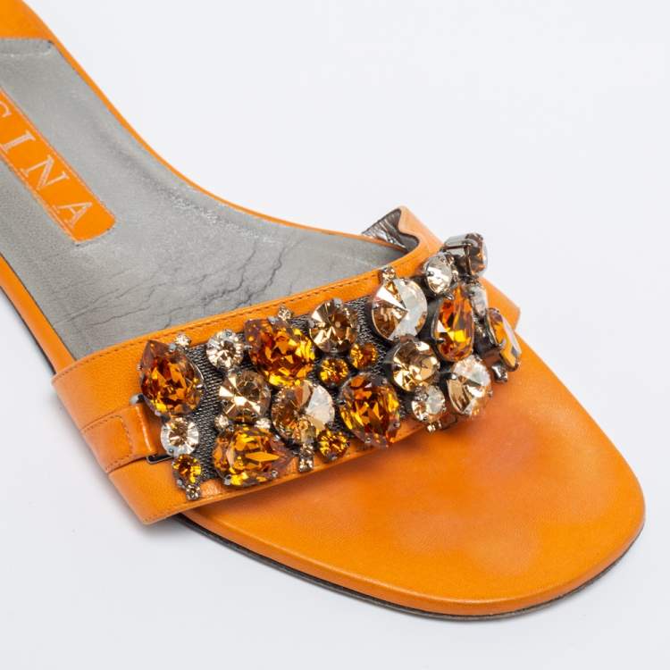 Pre Owned Gina Orange Leather Crystal Embellished Flat Sandals Size 40