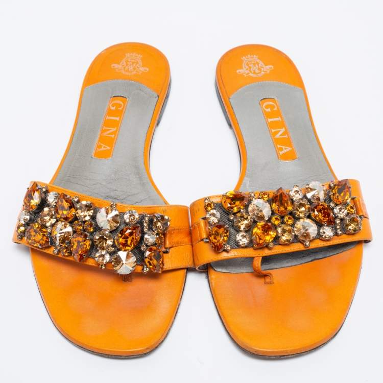 Pre Owned Gina Orange Leather Crystal Embellished Flat Sandals Size 40