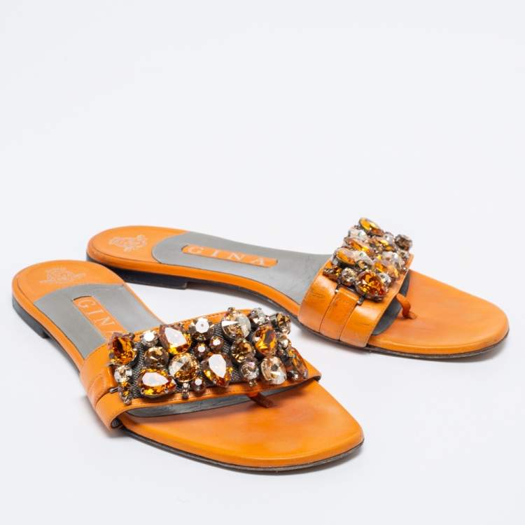 Pre Owned Gina Orange Leather Crystal Embellished Flat Sandals Size 40