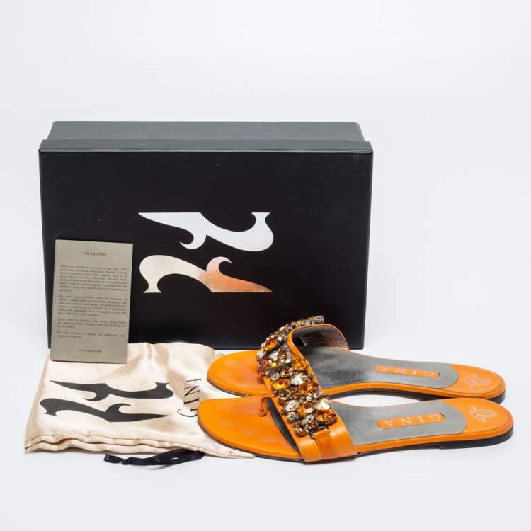 Pre Owned Gina Orange Leather Crystal Embellished Flat Sandals Size 40