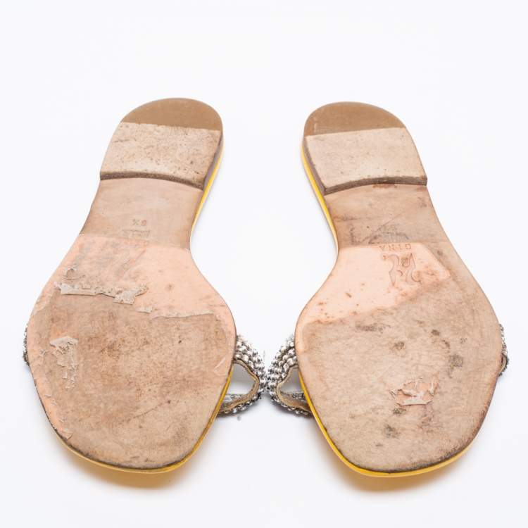 Pre Owned Gina  Yellow Patent Crystal Embellished Flat Sandals Size 39.5
