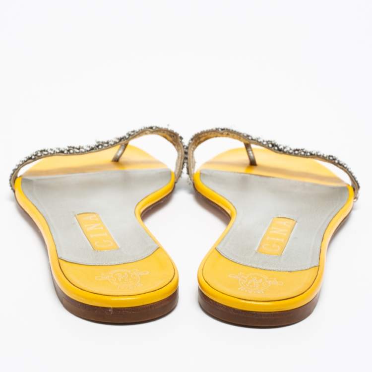 Pre Owned Gina  Yellow Patent Crystal Embellished Flat Sandals Size 39.5