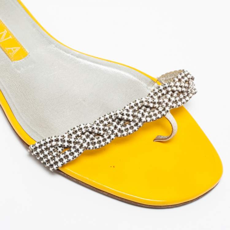 Pre Owned Gina  Yellow Patent Crystal Embellished Flat Sandals Size 39.5