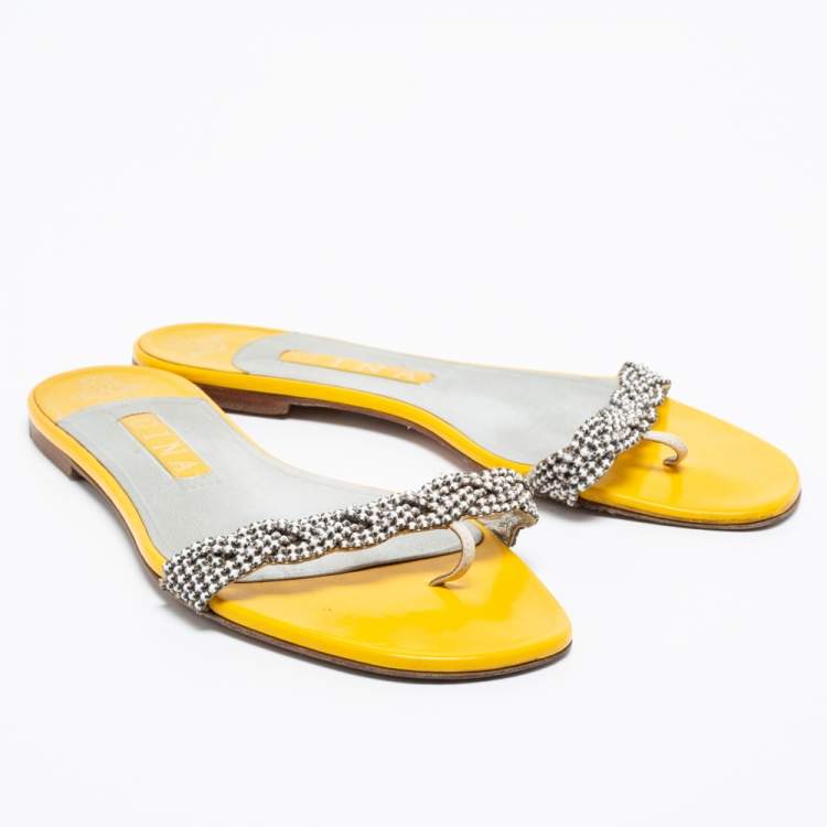 Pre Owned Gina  Yellow Patent Crystal Embellished Flat Sandals Size 39.5