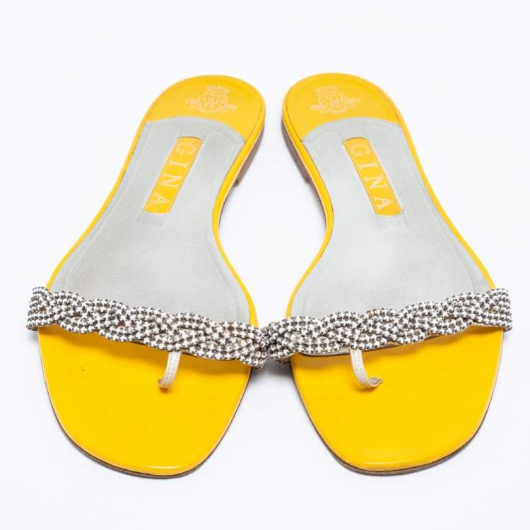 Pre Owned Gina  Yellow Patent Crystal Embellished Flat Sandals Size 39.5
