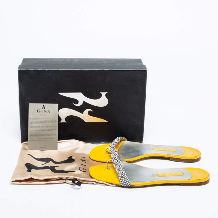 Pre Owned Gina  Yellow Patent Crystal Embellished Flat Sandals Size 39.5
