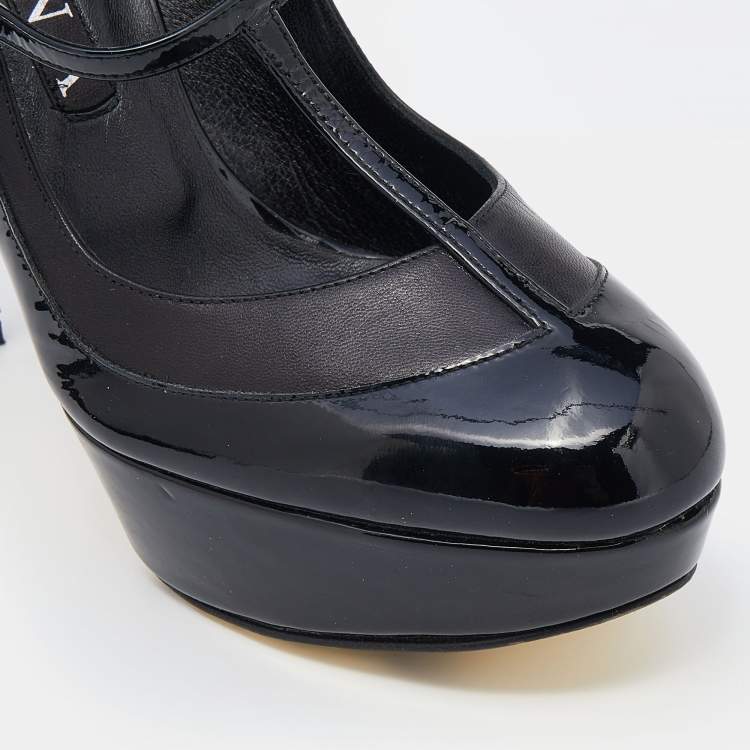Pre Owned Gina Black Patent Leather Mary Jane Platform Pumps Size 39.5