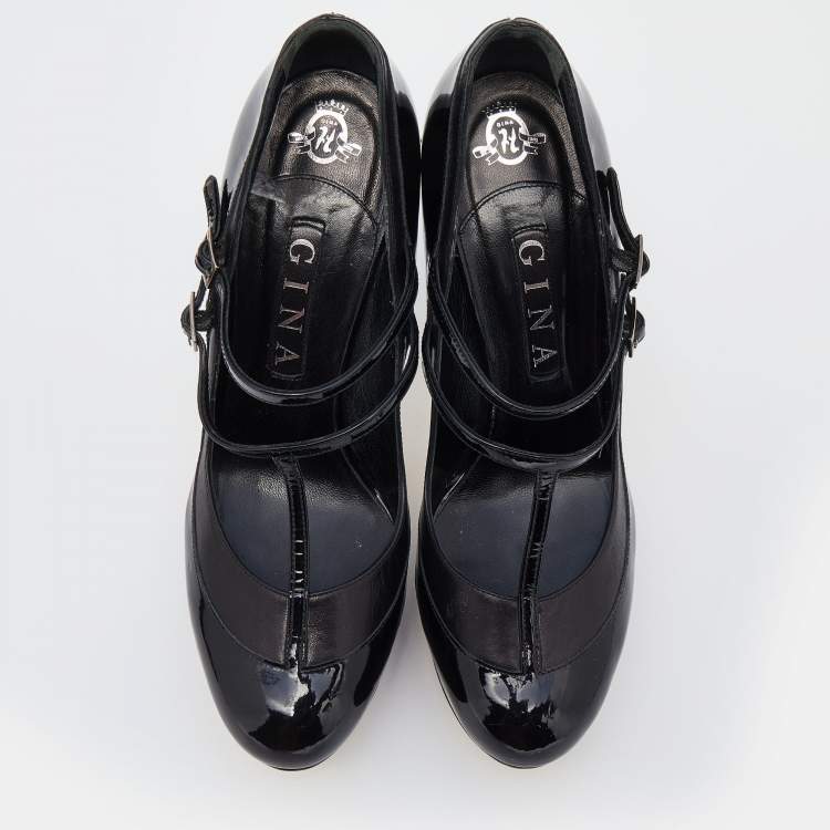 Pre Owned Gina Black Patent Leather Mary Jane Platform Pumps Size 39.5
